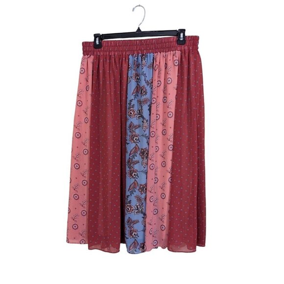 Womens Patchwork Midi Skirt Floral Plus Size 1X Boho Orange Coral Sheer Lined - Picture 2 of 6